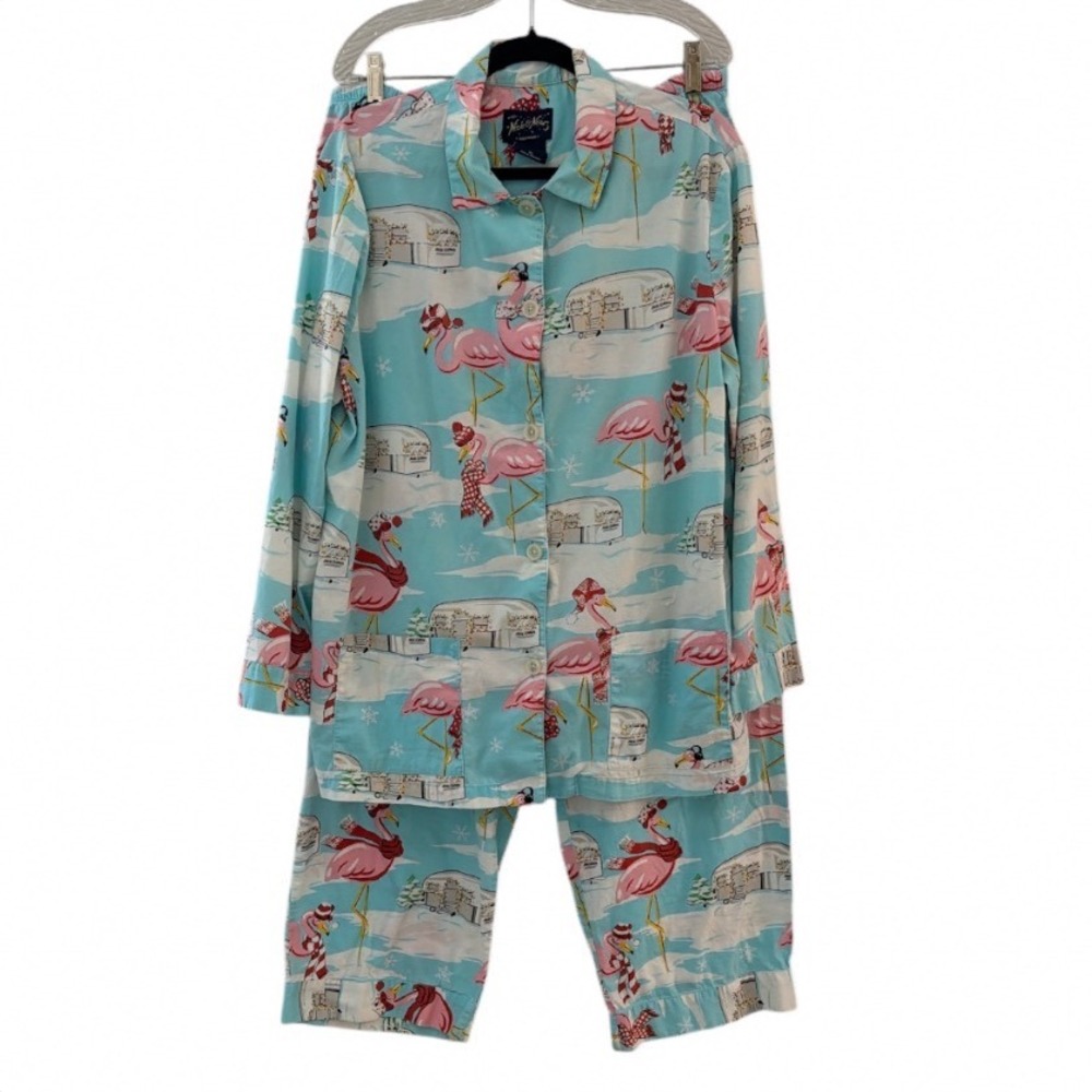 Nick & Nora Womens XL Flamingo Winter Camper Flannel Pajama Set Blue Cotton